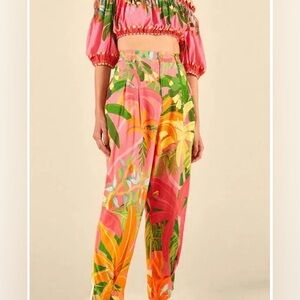 FARM Rio Pink Tropical-Print High-Waist Wide-Leg Trousers